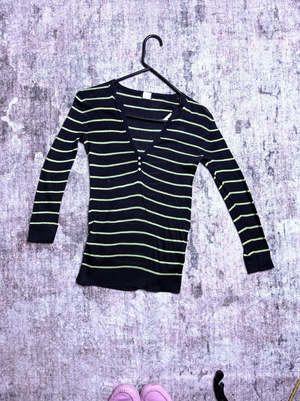 VTG J.Crew Top XS Henley Blue Striped Long Sleeve Ribbed Y2K Sheer